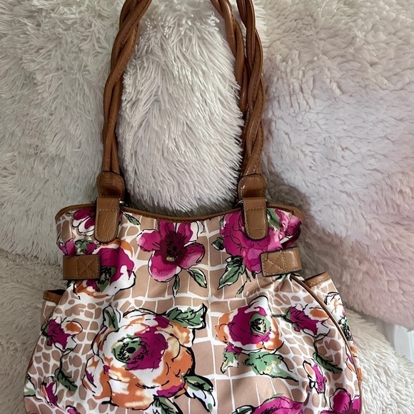Pink White Floral Purse with Green Tan Handbag Women’s Medium size Excel… - Picture 2 of 16